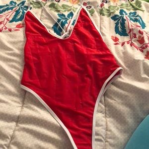 High Cut Red and White Thong Swimsuit